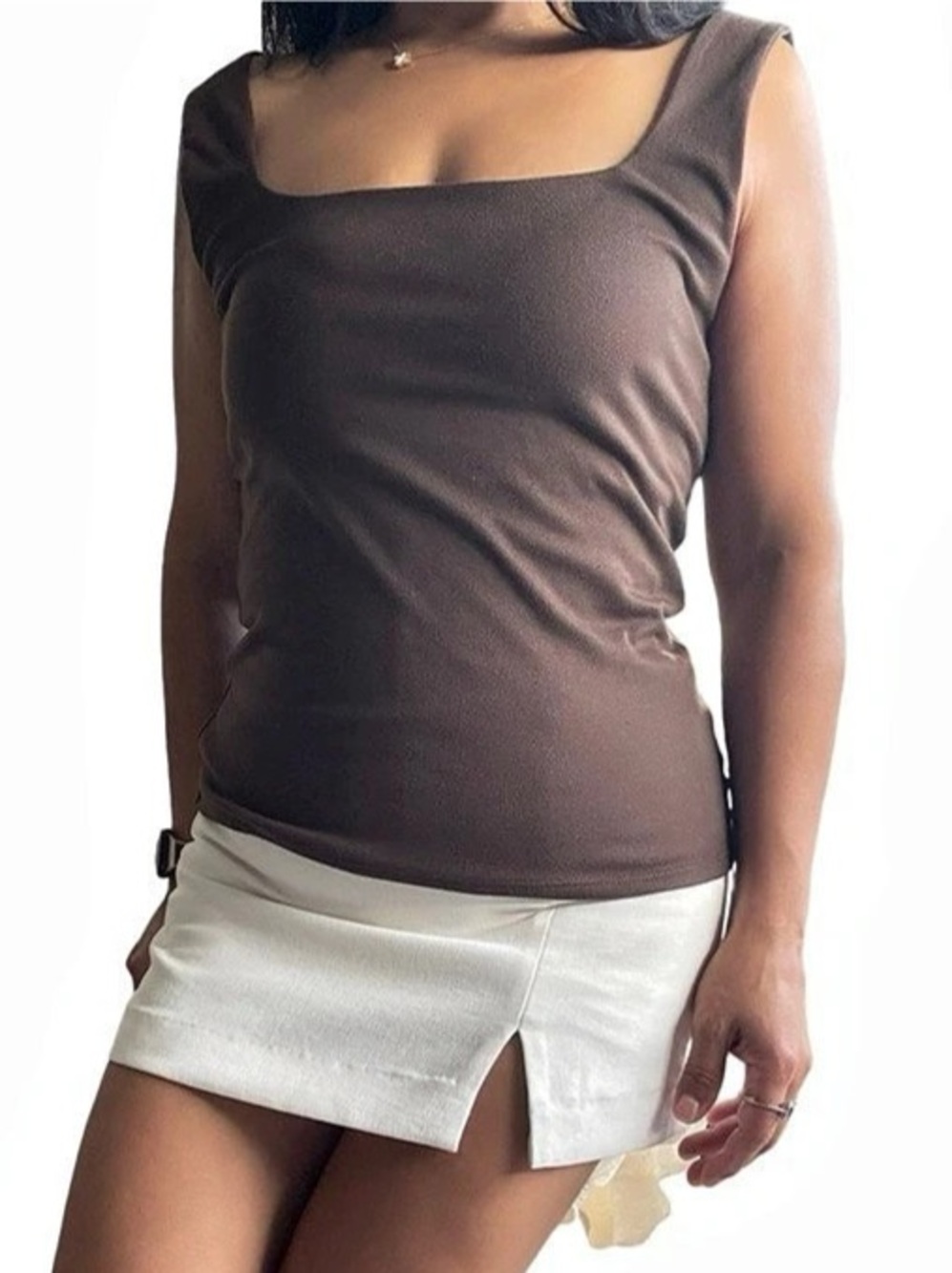 Brown Square Neck Tank Top